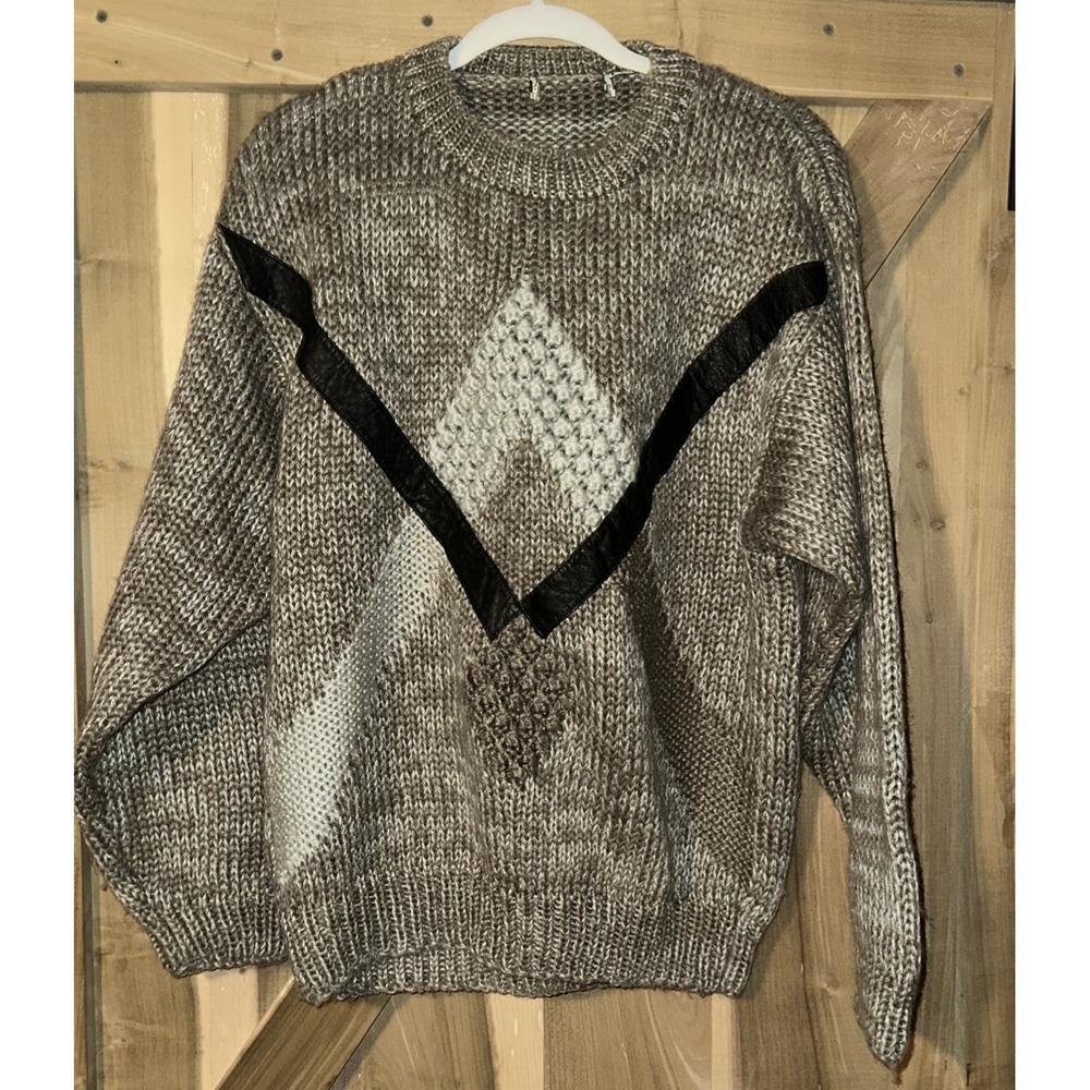 Vintage 90s Streetwear Mens Size Large Leather Trim Chunky Sweater‎
